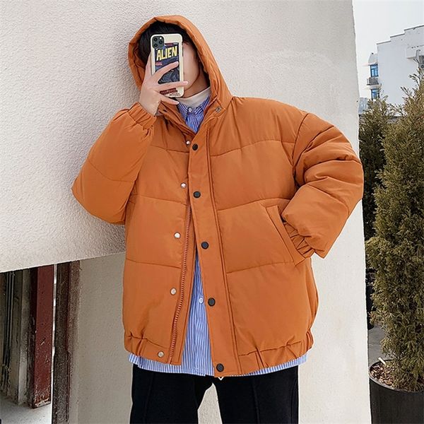 

korean thicken jacket men and women winter fashion warm thick solid short style hooded padded coat male female street outerwear 201127, Black