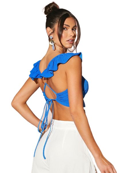 

ring linked tie backless ruffle trim crop cami d6bx#, White
