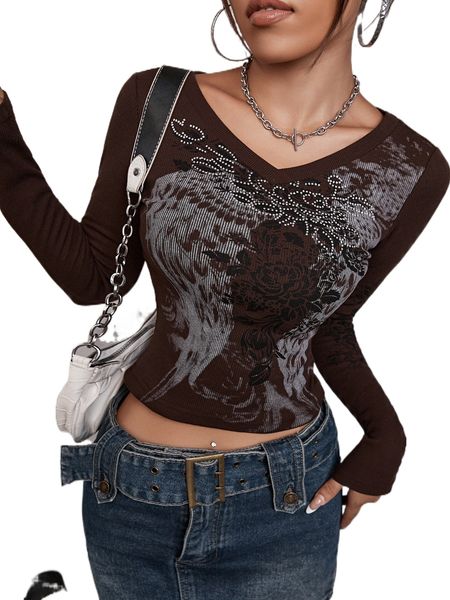 

floral and wing print rhinestone detail rib-knit tee g2h8#, White