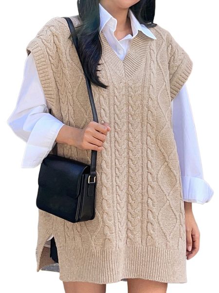 

dazy split hem cable knit sweater vest without blouse 229i#, White;black