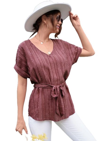 

roll cuff batwing sleeve fuzzy belted blouse j36v#, White