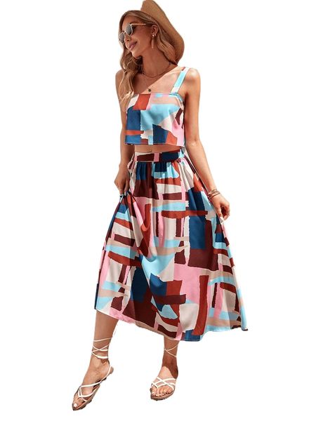 

patchwork print cami & skirt v6u9#, White