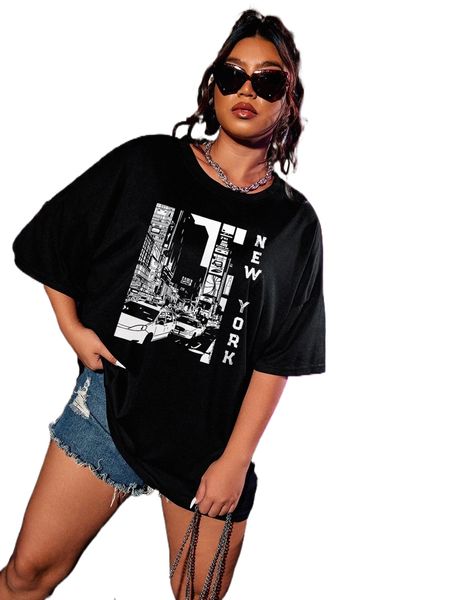 

plus letter & graphic drop shoulder oversized tee e08w#, Black