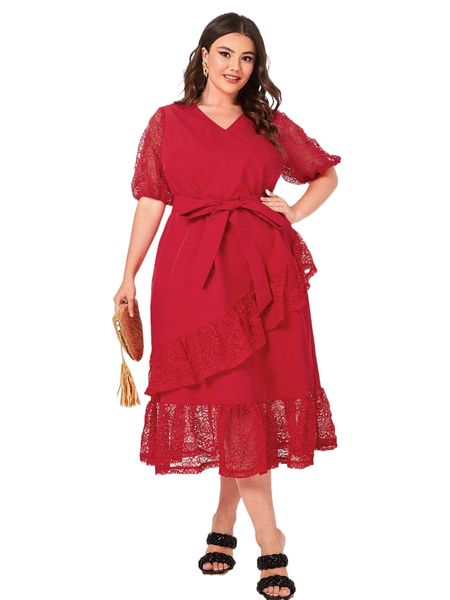 

plus contrast lace ruffle trim belted dress s1dp#, Black