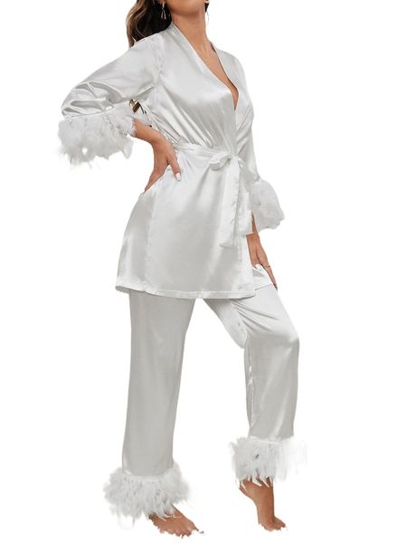 

fuzzy trim belted satin pj set n00j#, Black;red