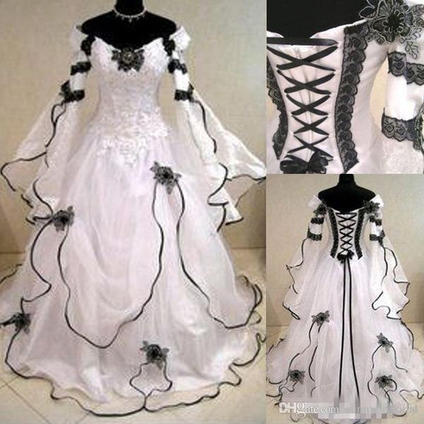 Vintage Plus Size Gothic A-Linie Brautkleider mit langen Ärmeln, schwarzer Spitze, Korsettrücken, Kapellenschleppe Brautkleider für Garden Country