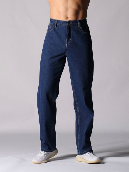 

men patched pocket straight leg jeans d6hh#, Blue