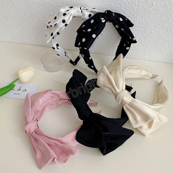 

fashion women wide-brimmed headband double-layer bow knot hair hoop hairband classic point headwear girls summer hair accessories, Slivery;white