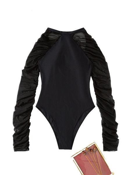 

esh sleeve o.ne p.iece swimsuit j50s#, White;black