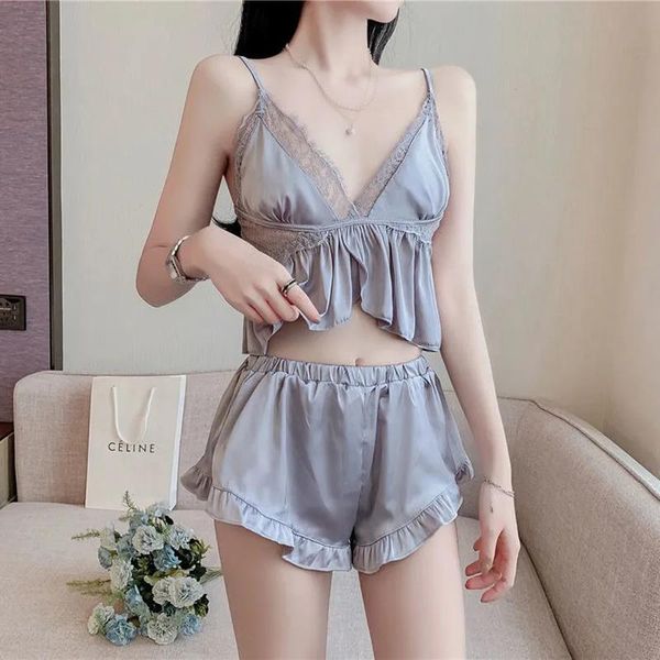 

womens 2 piece set summer sleepwear pure desire lace suspenders solid color shorts satin pyjamas home clothes women, Black;red