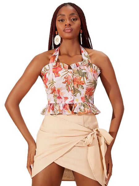 

newness tropical print ruffle trim button front halter d2ct#, White
