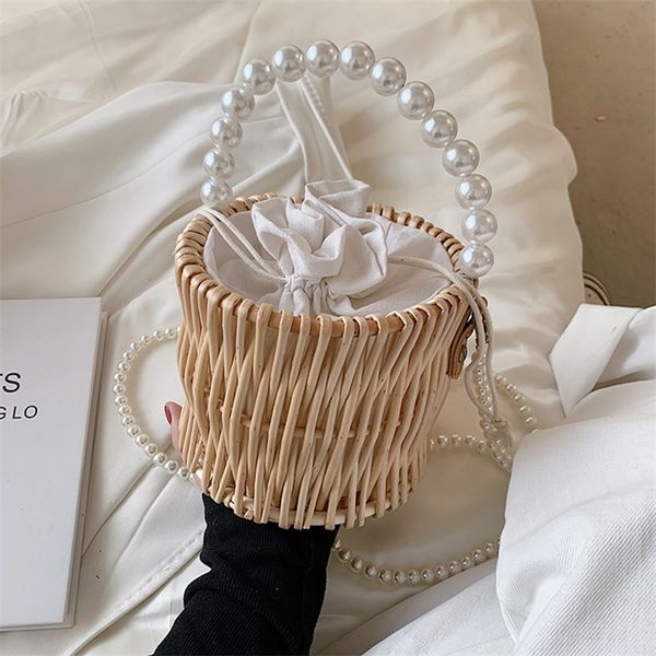 

women straw handbags and purses summer rattan basket bag woven wicker bucket tote bags girls pearl chain beach travel bag 220520