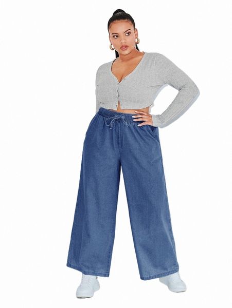 

plus drawstring waist wide leg jeans 510m#, Blue