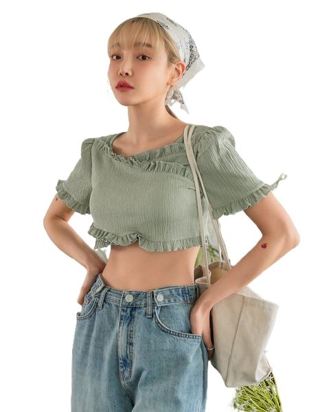 

dazy frill trim solid crop tee j6um#, White