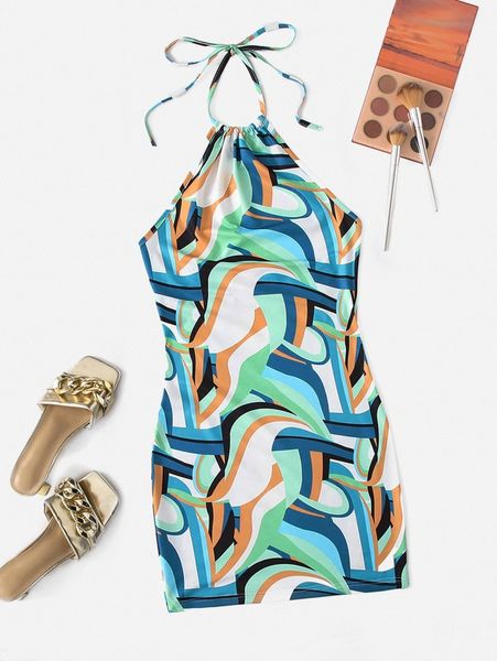 

self tie back marble print dress i2l7#, Black;gray