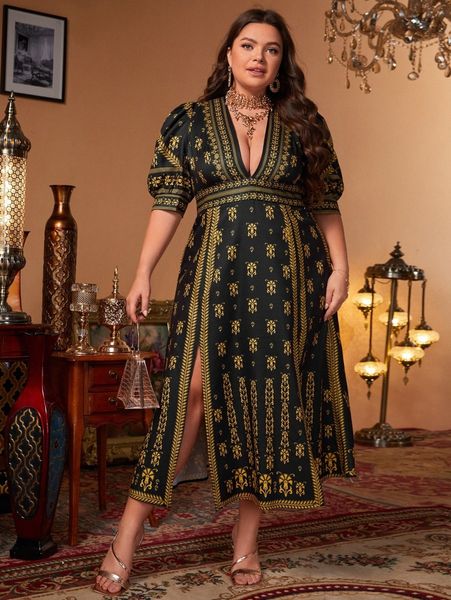 

plus floral print plunging neck puff sleeve m-slit dress q4ac#, Black