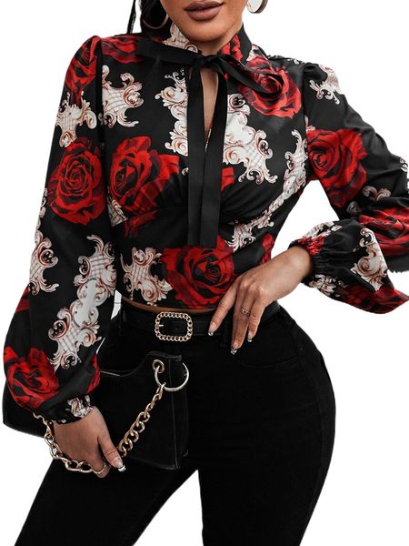 

sxy floral print lantern sleeve tie neck blouse e0xi#, White
