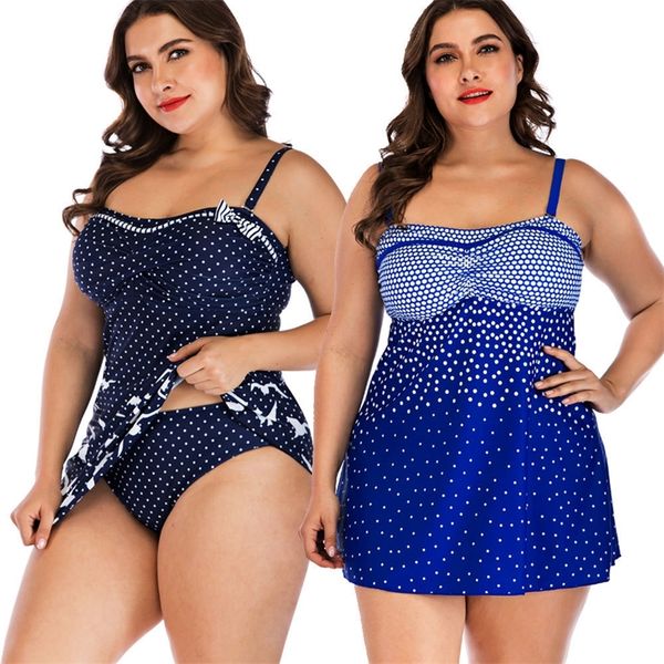 

2020 plus size 5xl two piece swimsuit women large big print dot bird swimwear bow blue black tankini skirt beach bathing suit t200708, White;black