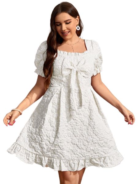 

plus floral jacquard puff sleeve knot front ruffle hem dress o3ud#, Black