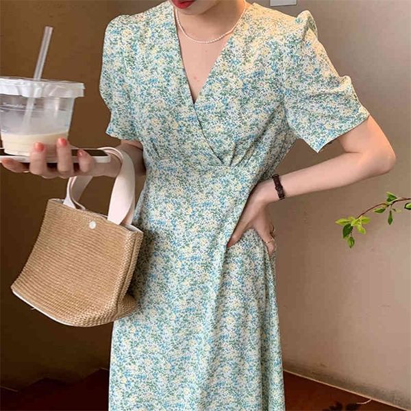 

fashion new wild simple holiday leisure temperament elegant floral green vneck cross belt puff sleeve dress 16259 210423, Black;gray