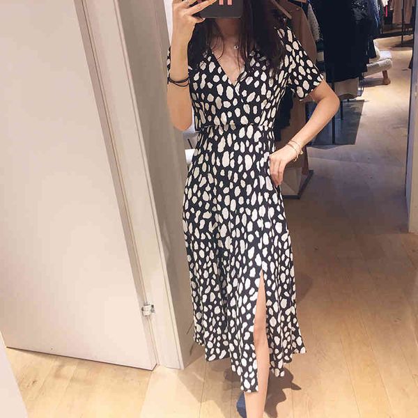 

fadan maje 19 spring / summer slim waist print short sleeve temperament dress lady black and white wave point v-neck long style, Black;gray