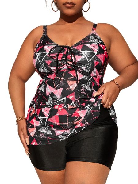 

plus geo print drawstring knot front bikini swimsuit a0yc#, White;black