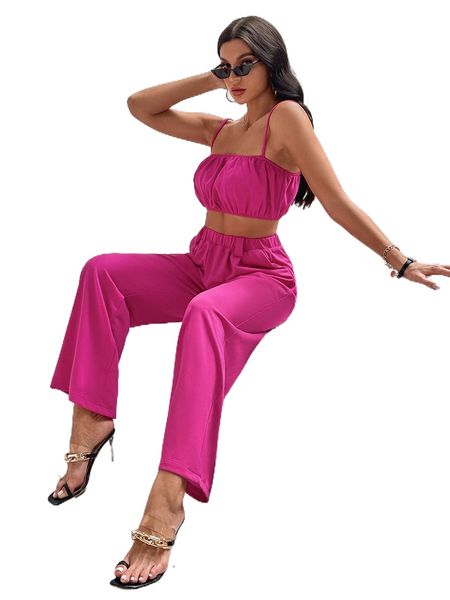 

solid ruched bust crop cami & pants 43fj#, White