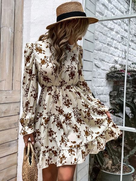 

floral print mock neck ruffle hem dress s0y5#, Black;gray