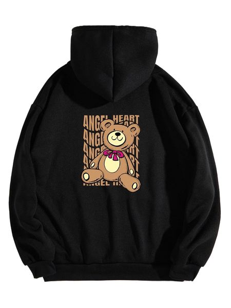 

bear & letter graphic kangaroo pocket drawstring hoodie 03bt#, Black