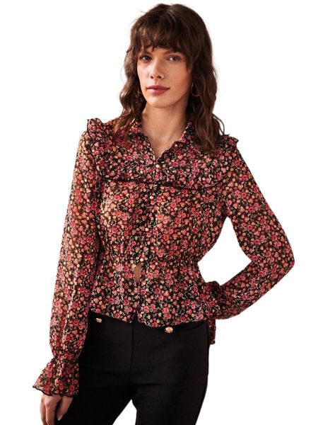 

flounce sleeve ditsy floral blouse 64p3#, White