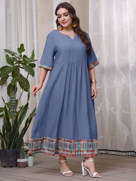 

plus contrast panel notched smock dress t6rd#, Black