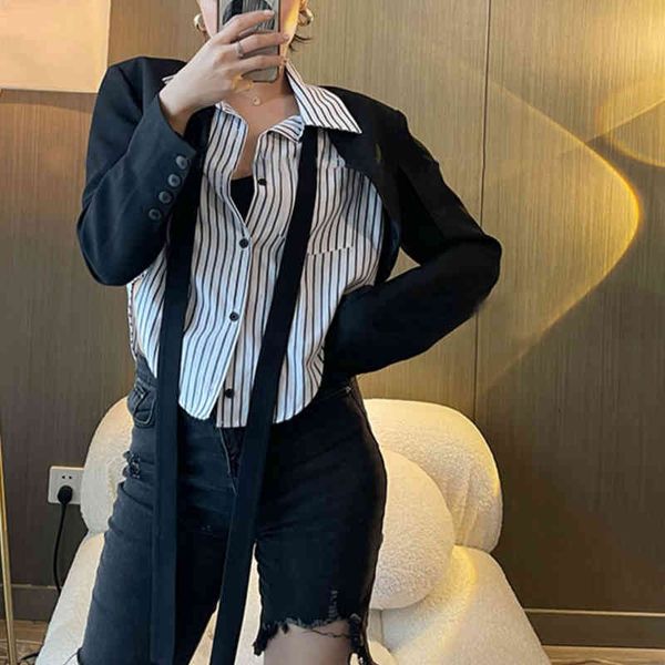 

women's suits & blazers spring and autumn black white stripe fake two shirt splicing suit fashionable original minority color contrast, White;black