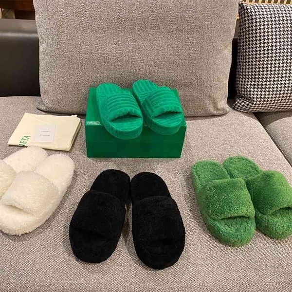 

slippers autumn and winter green wool slippers women's wear flat bottomed thick mona flip flops of the same type, Black