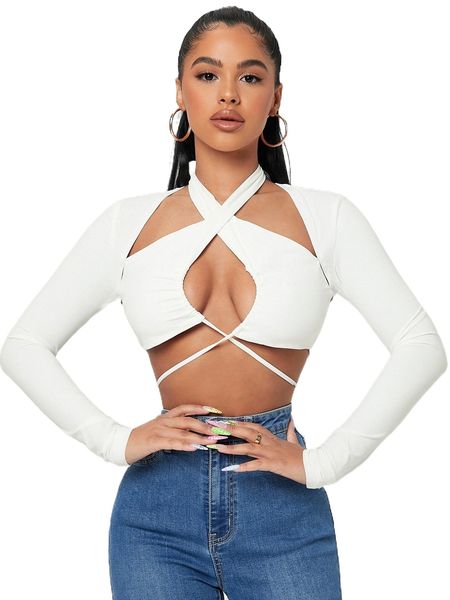 

sxy cut out crisscross knot back halter neck crop s5xr#, White