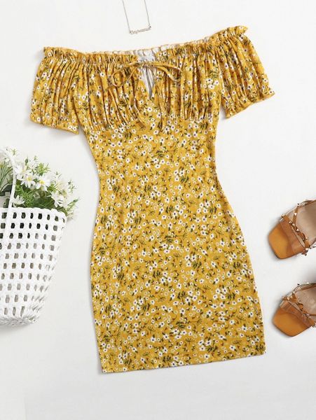 

off shoulder tie front ditsy floral dress c0nt#, Black;gray