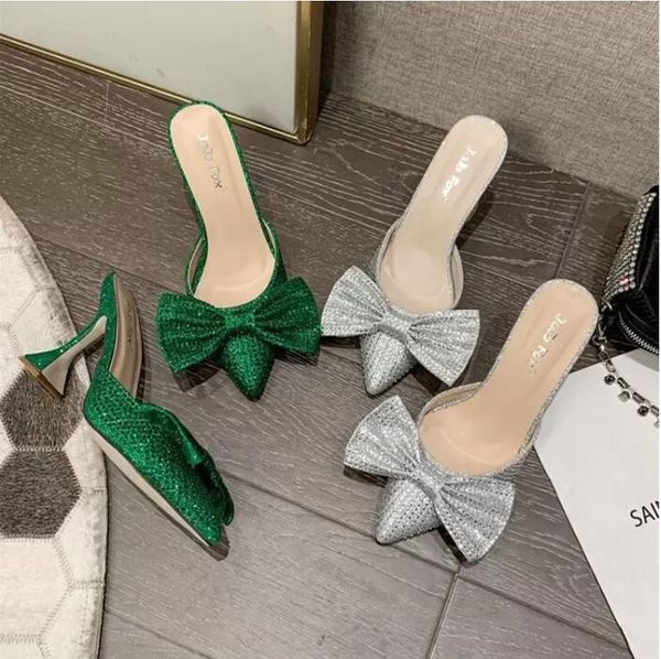 

slippers 2022 summer style pointed toe butterfly-knot sequined cloth thin heels modern solid high 5cm-8cm fashion, Black