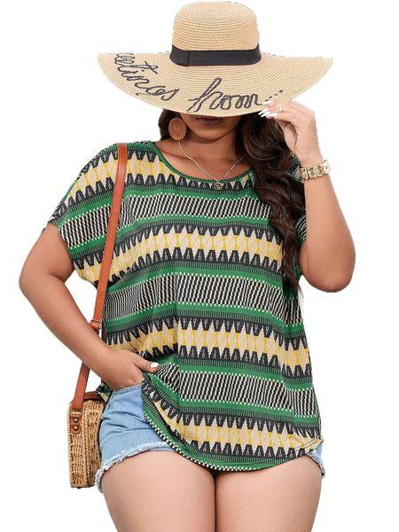 

plus geo print batwing sleeve tee y6zl#, Black