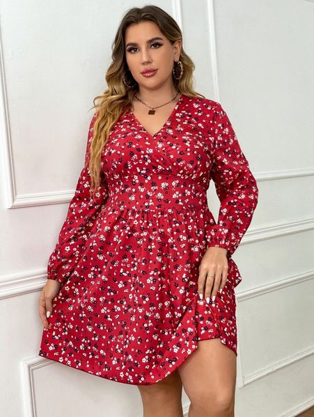 

plus ditsy floral print surplice neck dress c91w#, Black