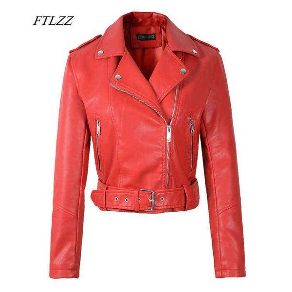 

ftlzz women faux soft leather short jacket rivet epaulet zipper pu motorcycle basic jackets female red black outerwear with belt l220728