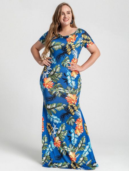 

plus tropical print mermaid hem dress d0fp#, Black
