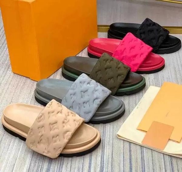 

2022designers pool pillow mules women sandals sunset flat comfort mules velcro padded front strap slippers fas shoe''louise'&, Black