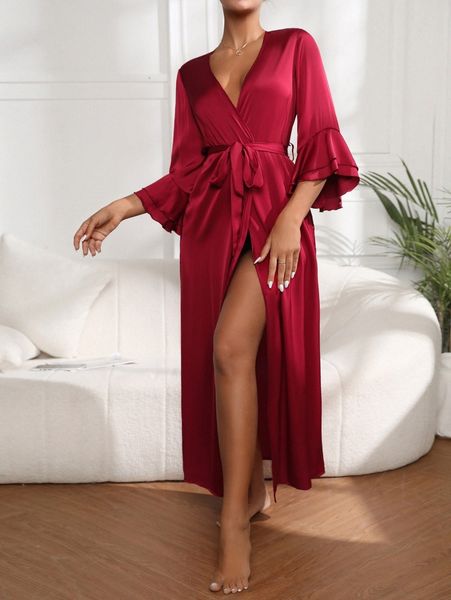 

bell sleeve belted robe t994#, Black;red