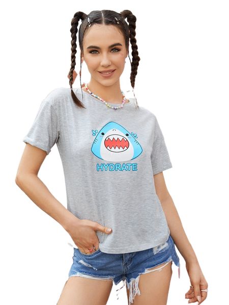

x lemon whiskers letter & cartoon shark print tee y85v#, White