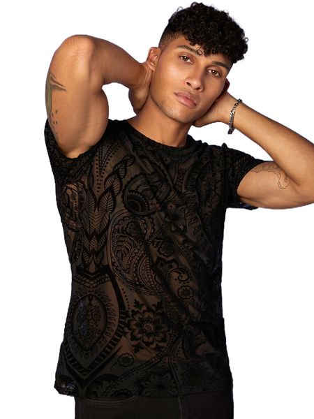 

men floral sheer mesh tee k02f#, White;black