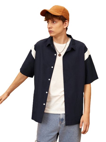 

men colorblock drop shoulder shirt y6a1#, White;black