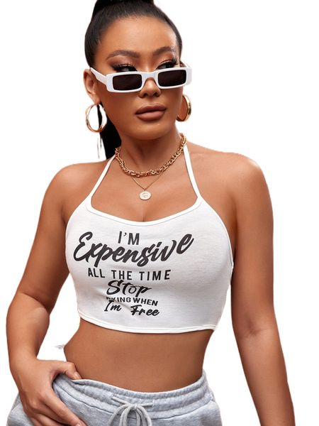 

sxy slogan graphic backless crop halter j4eu#, White