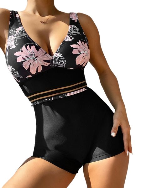 

f.loral print o.ne p.iece swimsuit v4p7#, White;black