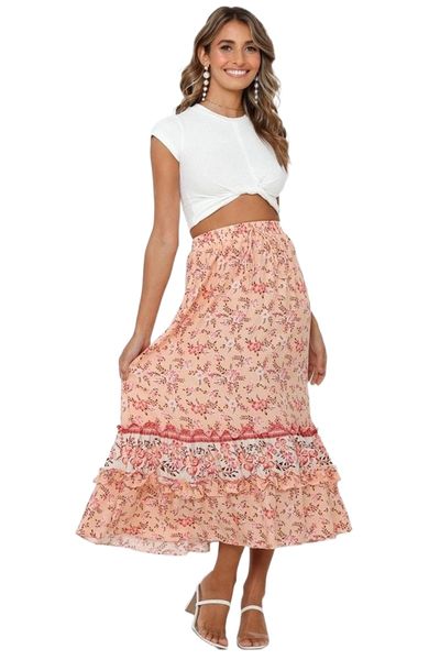 

skirts 2022 vintage boho long skirt plus size floral printed ruffle maxi ladies high waist holiday beach womens 86oj#, Black