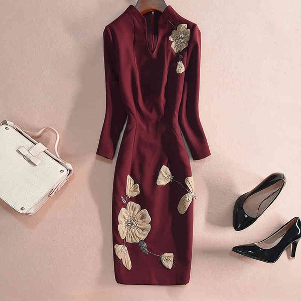 

casual dresses autumn women's embroidered one-step skirt long sleeve v-neck dress medium length vo2h, Black;gray