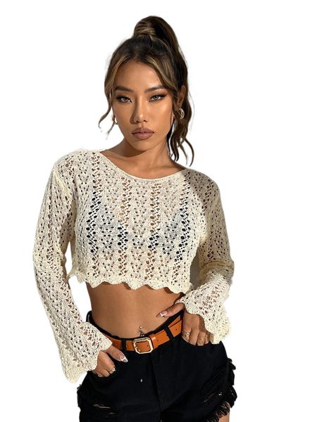 

trumpet sleeve open knit crop sweater without bra a3lq#, White;black